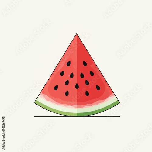 A minimalist vector illustration of a fresh triangular watermelon slice with black seeds on a light background.