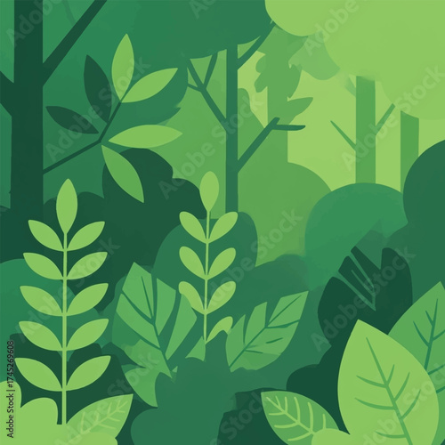 A vibrant illustration of a lush green forest with various trees and plants in different shades of green.