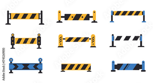 Collection of yellow and blue striped barrier icons for construction zones