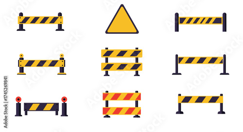 Collection of yellow and black striped construction barrier illustrations in a grid