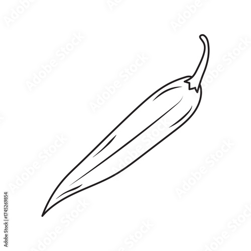 A simple black-and-white line drawing of a chili pepper, ideal for culinary branding, menus, blogs, and stock collections. Clean, modern motif suitable for food, health, and design projects.