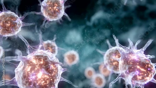 Microscopic view of biological cells with detailed structure and glowing texture showing scientific concept of infection and immune system