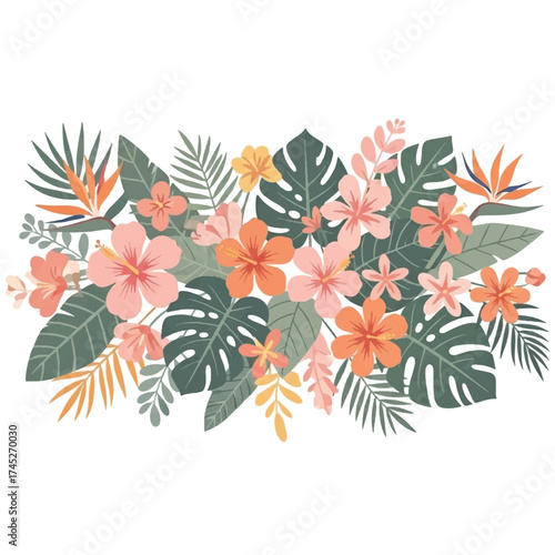 A vibrant illustration of a tropical floral arrangement with hibiscus, monstera leaves, and bird of paradise flowers on a white background.