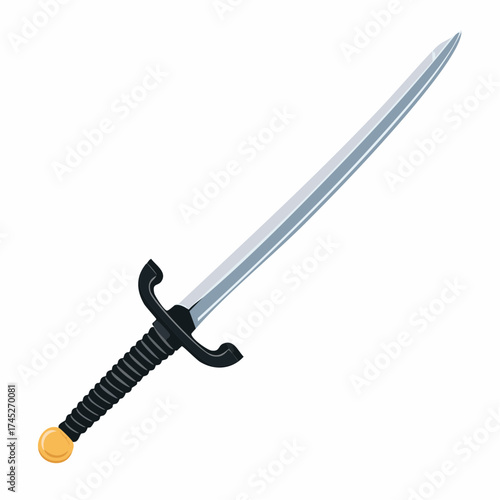 Sharp steel sword with black handle and gold pommel with transparent background