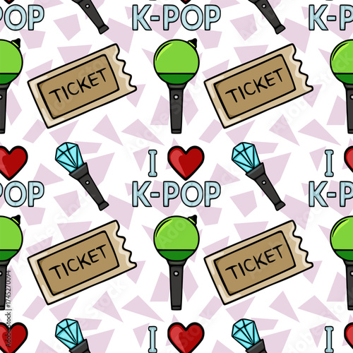 Seamless K-Pop concert fan lightstick and ticket vector pattern with geometric background.