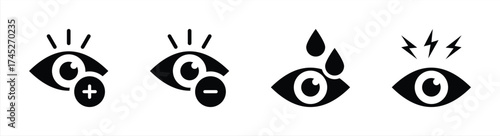 Eye Health Icon Set Showing Vision, Dry Eyes, Pain, and Sight Correction Symbols in Black Silhouette Style