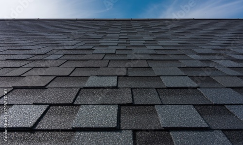 Low-angle view of a multi-toned, textured shingle roof against a blue sky