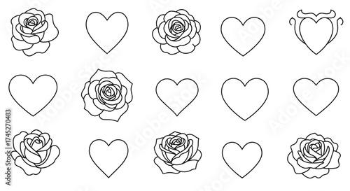 Simple black and white floral and heart line drawings pattern