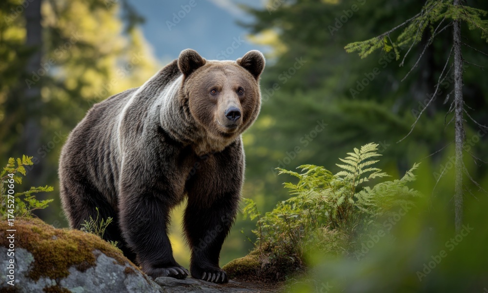 Obraz premium Majestic brown bear stands on mossy rocks in a lush green forest, looking directly at the viewer