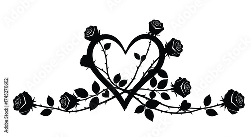 A black and white illustration of roses forming a heart shape design
