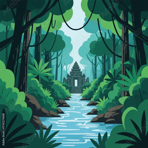 Stylized illustration of a serene jungle river leading to an ancient temple hidden deep within lush green foliage.
