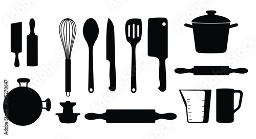 Black silhouette icons of various cooking utensils on a white background