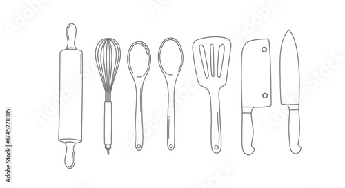 A simple drawing showcasing various kitchen utensils in a linear style