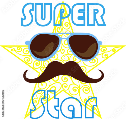Funny character Super Star with sun glasses and mustache on transparent background