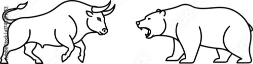 Bull and bear illustration, financial market symbols, stock trading concept, vector line art, investment metaphor, black and white drawing