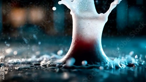 Water splash captured in motion with detailed droplets and reflection on wet surface creating dynamic fluid effect and artistic composition