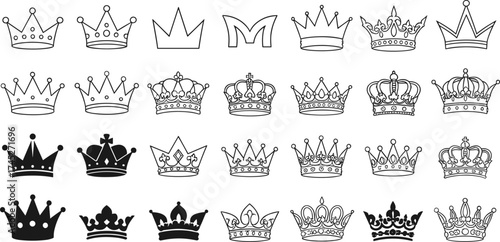 Crown icon set, royal symbols collection, vector illustration, black and white crowns, heraldic design, monarchy elements, isolated on white background