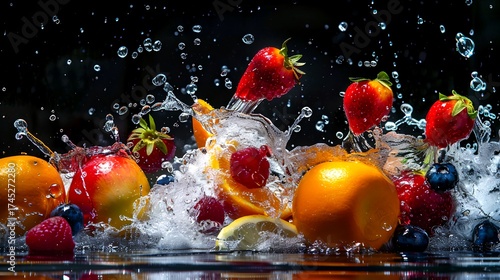 vibrant medley of fruits burst of water droplets creating a visually stunning effect