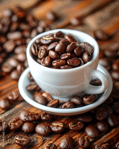 freshly roasted coffee beans spilling from a cup, a rich aroma, creating an inviting scene for coffee lovers 