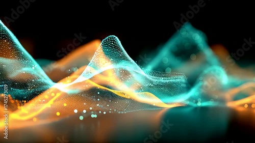 Colorful glowing wave pattern in teal and orange tones with flowing light particles creating dynamic abstract motion and digital texture