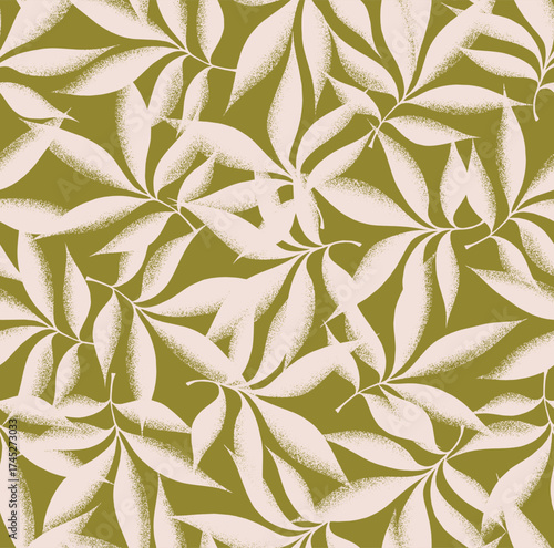 Abstract hand-drawn floral contemporary botanical leaf shapes seamless pattern with spray texture.