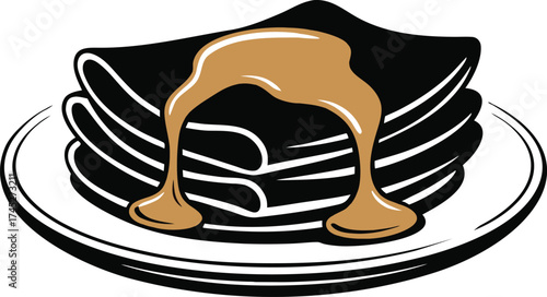 A stack of dark crepes drizzled with caramel sauce on a plate
