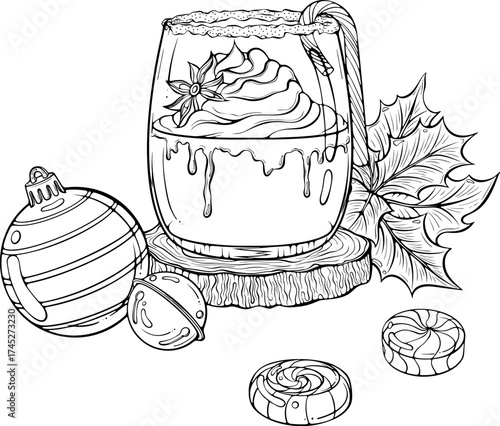 Christmas or New Year composition with eggnog, holly leaves, tree ball. For greeting card, poster, holiday design. Vector illustration in hand drawn sketch style. Line art isolated on white for print