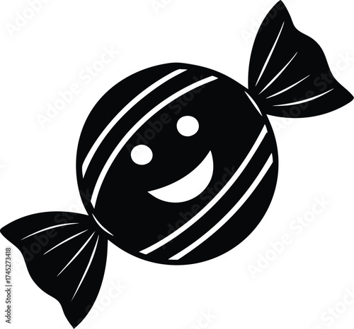 Smiling Candy Silhouette Vector | Cute Sweet Icon with Happy Face in Black | Dessert Illustration