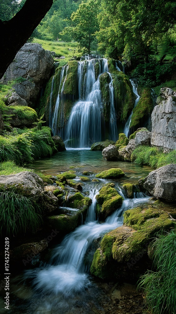Naklejka premium Waterfall cascading over mossy rocks in forest