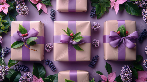 Christmas background, 3D rendering, Sparkling pink gift box with matching pink ribbon and glitter texture, lilac pastel color, monochrome style, purple gift boxes