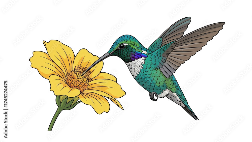 Obraz premium Illustration of a hummingbird feeding on a yellow flower with green stem and leaves.