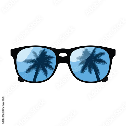 Black sunglasses with blue reflective lenses showing palm tree reflections on a white background, evoking a tropical vacation.