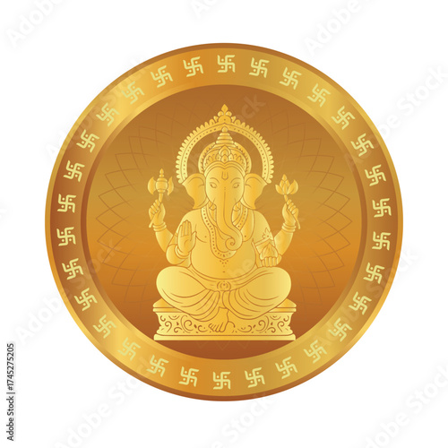 Dhanteras Lakshmi Pujan Golden Vector Illustration of Lord Ganesha with Swastika Border, Symbolizing Wisdom, Success, and Good Fortune