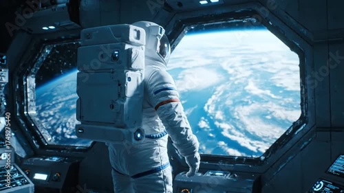 Astronaut Inside Futuristic Space Station Looking at Earth | Realistic Cinematic Interior Scene