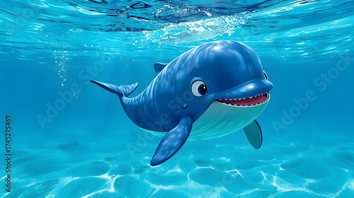 Playful Dolphin's Underwater Dance: A cheerful cartoon dolphin glides gracefully through the shimmering, inviting depths of the clear ocean, its bright smile and playful eyes captivating the viewer.