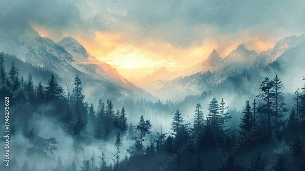 Obraz premium A serene mountain landscape at sunset, enveloped in mist and surrounded by towering trees.