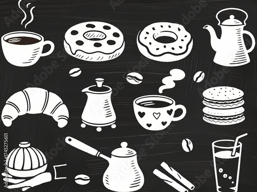 “Hand-Drawn Coffee Cup and Cafe Icons on Chalkboard