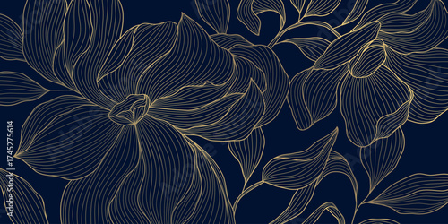 Elegant floral vector background, golden line art blossoms, leaves, botanical ornament, Japanese, Chinese design. Luxury wedding card, fashion print, modern wallpaper.