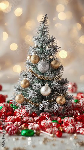 Elegant holiday scene featuring a mini Christmas tree and colorful red white and green candy decorations.
