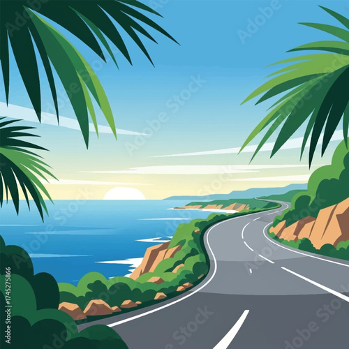 A scenic coastal highway winds along the ocean with palm trees framing the view at sunrise.