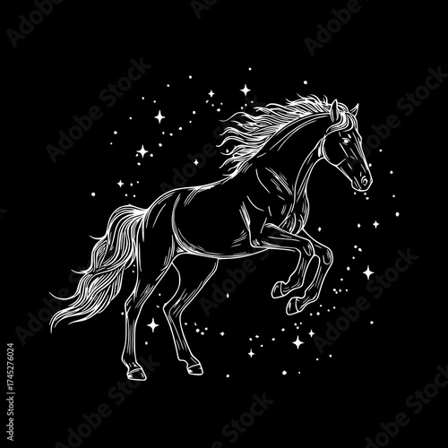 Black horse rearing with stars in a night sky background, concept of isolated vector image on a black background, print for a T-shirt  