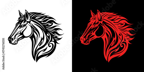 Black and red stylized horse heads in graphic design, isolated vector image, two design options on transparent and black backgrounds, print for a T-shirt
