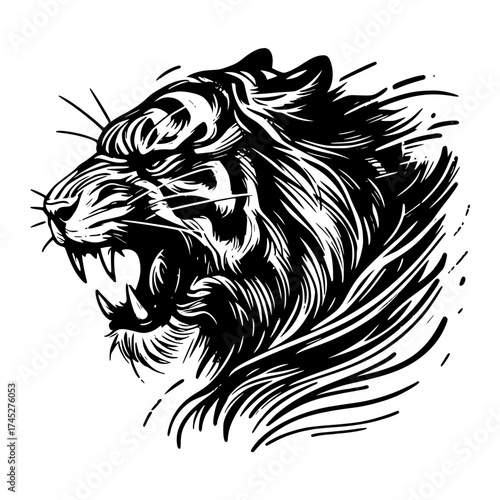 Roaring tiger head sketch with detailed lines and dynamic motion, isolated vector image on a transparent background, print for a T-shirt
  