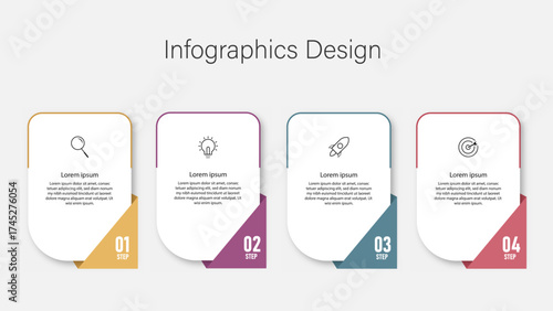 Four-step infographic design with colorful panels and icons for exploration, innovation, startup launch, and target goals. Suitable for corporate presentations, workflow processes, and strategic