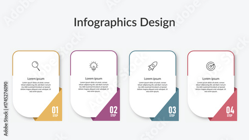 Four-step infographic design with colorful panels and icons for exploration, innovation, startup launch, and target goals. Suitable for corporate presentations, workflow processes, and strategic