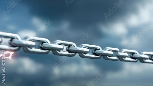 Strong metallic chain under dark stormy sky with dramatic lighting and realistic texture detail showing power, durability and strength