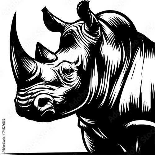Resilient Rhino: A striking monochrome illustration of a rhino head showcases its powerful horn, capturing the essence of strength and resilience against a clean background.