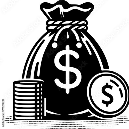 Moneybag and Coins Icon: A bold illustration of a moneybag filled with wealth, accompanied by a stack of coins and a single coin, all signifying prosperity.