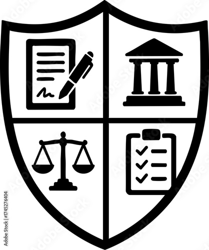 legal lawyer risk management concept. Shield symbolizing law, justice, and governance concepts.