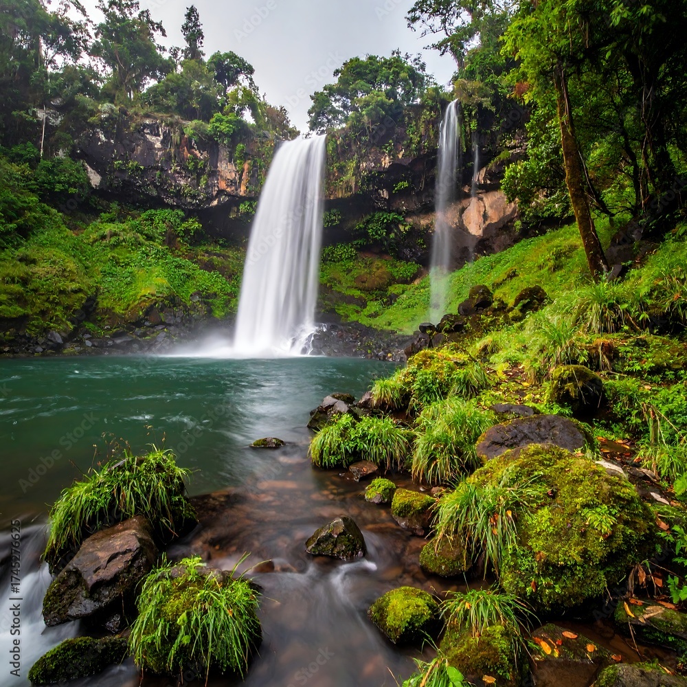 Fototapeta premium Lush waterfall cascading into a tranquil pool, surrounded by verdant, mossy rocks and dense forest